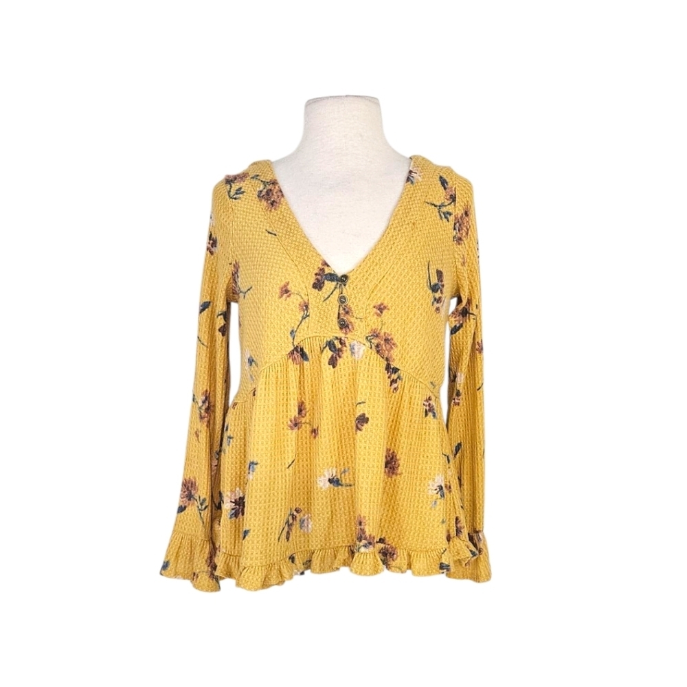 NWT Bloomfield Yellow Floral Print Boho Peplum Peasant Top